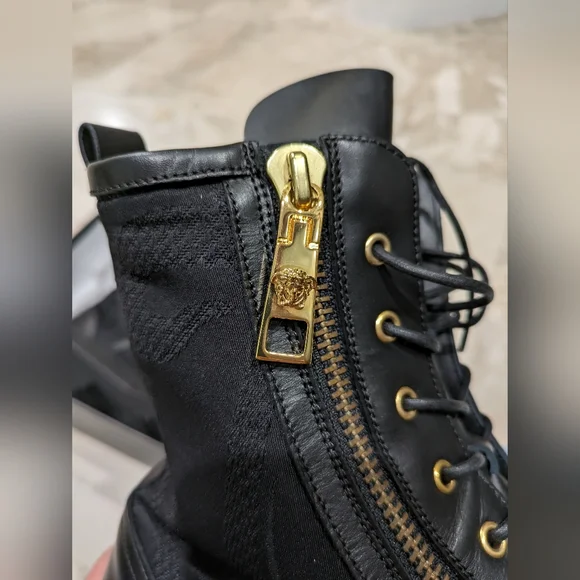 Versace Medusa Leather & Jacquard Combat Boot Black